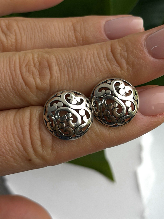 Vintage Scroll Stud Ornate Filigree Dome 925 Sterling Silver Earrings