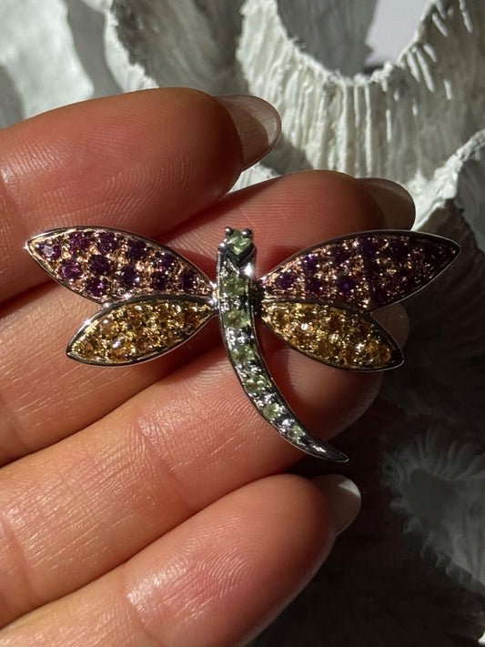 925 Sterling Silver Dragonfly Spinel Brooch