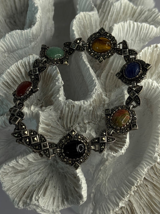 Vintage 925 Sterling Silver Multi Color Stones Bracelet Lenght 8