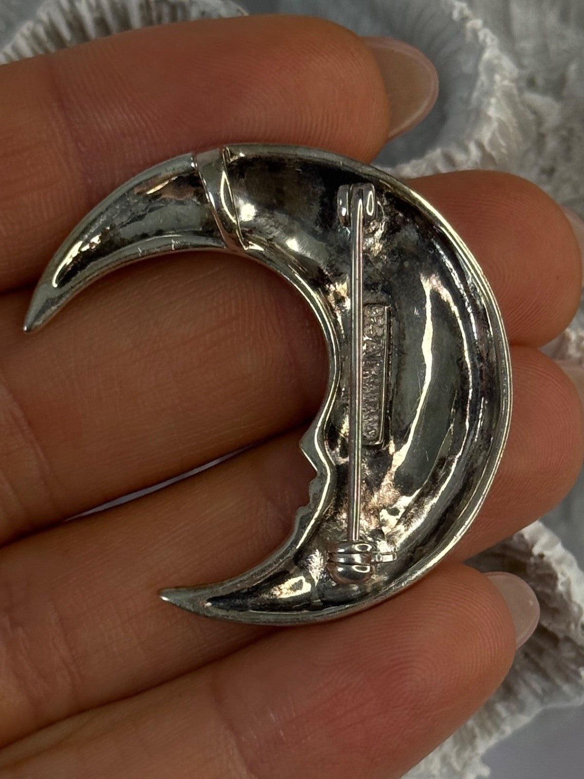 925 Sterling Silver Moon Marcasite & Cz Brooch Length 1.40 Inch