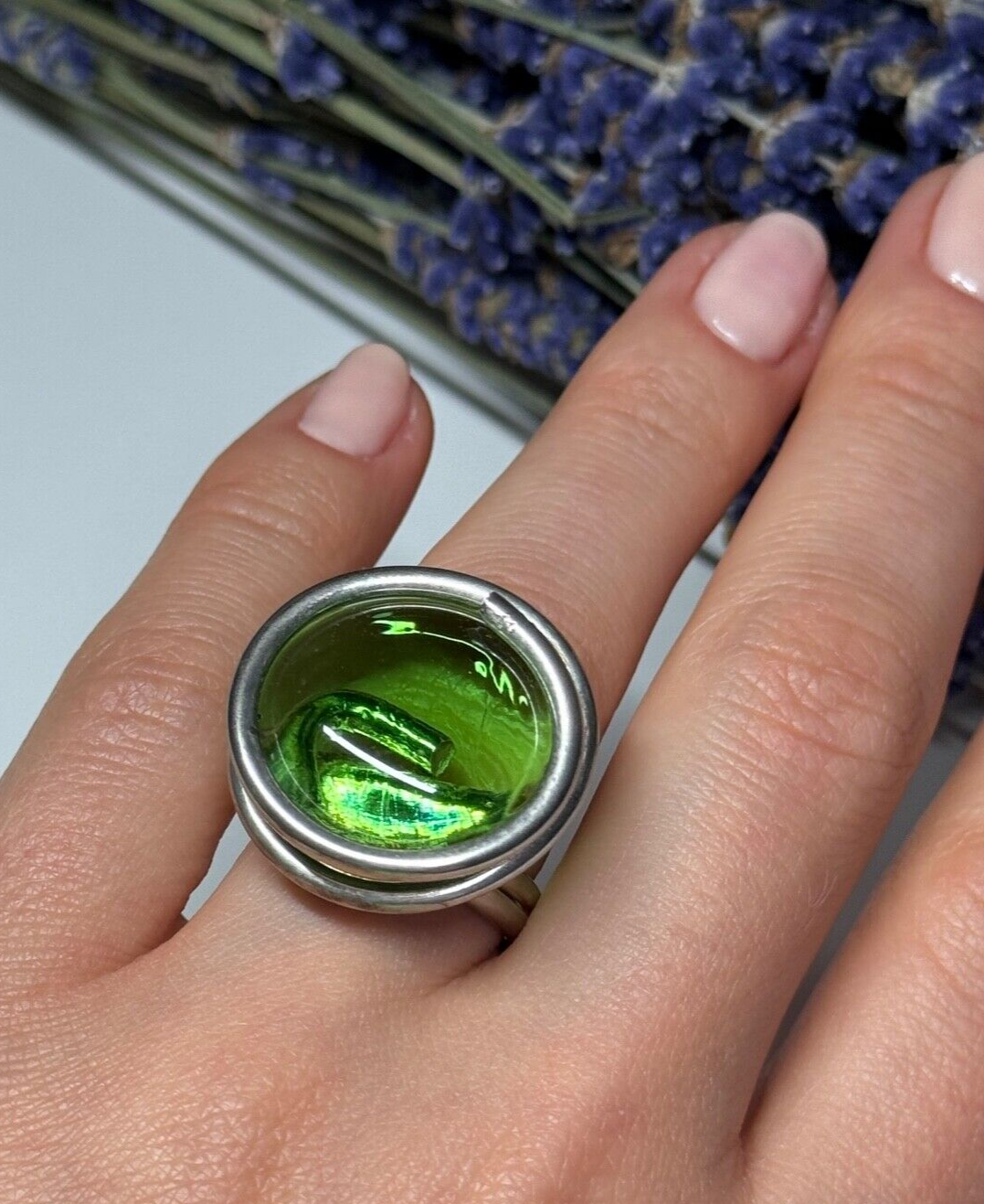 Modern Art Design Green CZ Ring Size 6