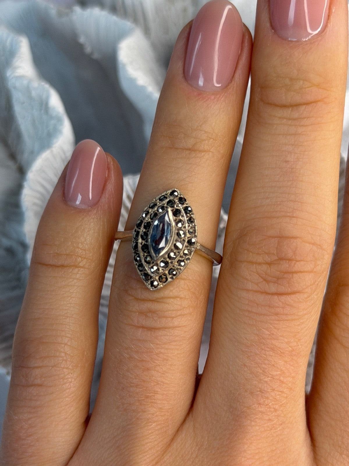 925 Sterling Silver Topaz & Marcasites Ring Size 5.5