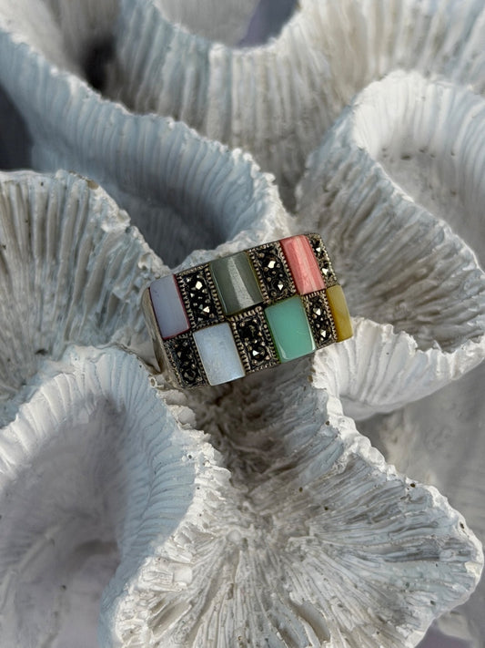 925 Sterling Silver Abalone & Agate & Marcasite Ring Size 6.5