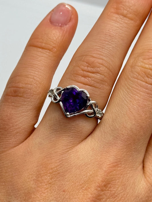 925 Sterling Silver Amethyst & Goshenite Heart Ring Size 6