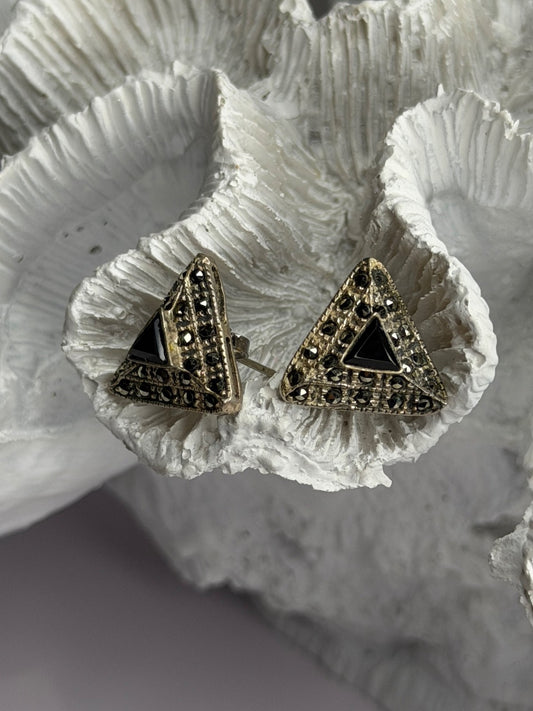 Vintage 925 Sterling Silver Onyx & Marcasite Earrings