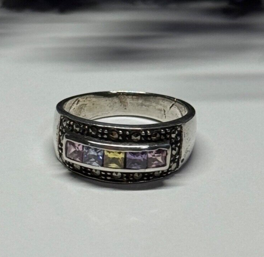 Vintage 925 Sterling Silver Tourmalines & Marcasite Ring Size 8