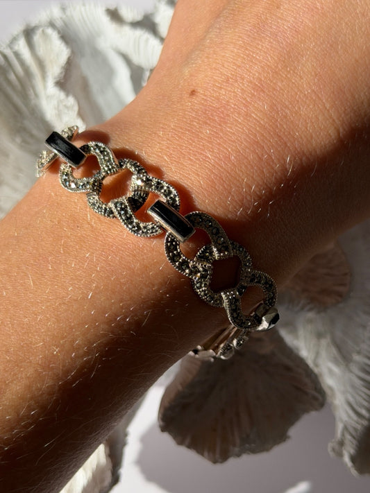 Vintage 925 Sterling Silver Onyx & Marcasite Bracelet