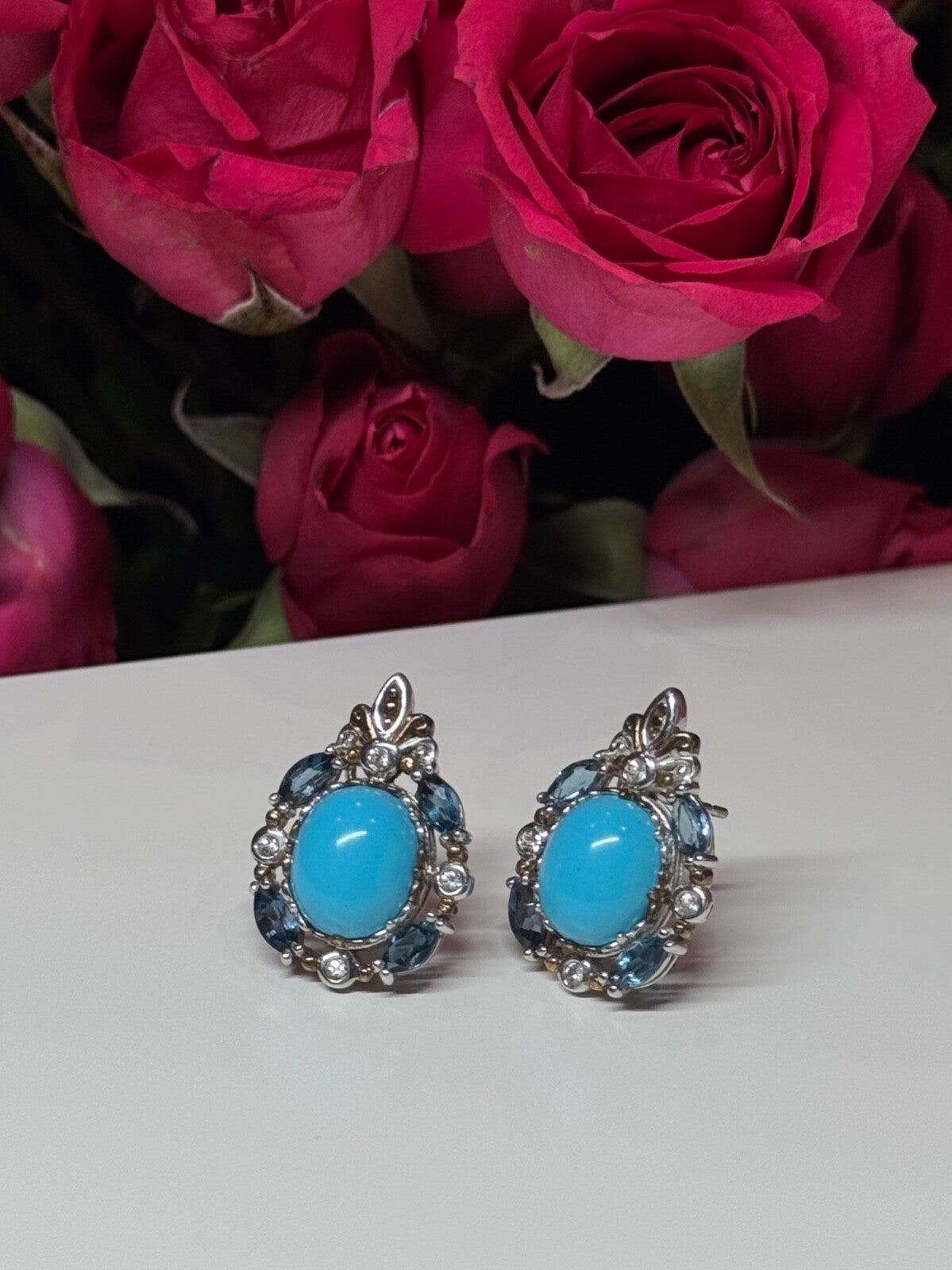 925 Sterling Silver Turquoise, Aquamarine & Beryl Earrings Length 1 Inch