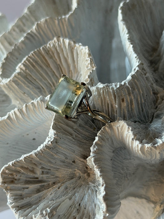 925 Sterling Silver Green Quartz & White Topaz Ring Size 6