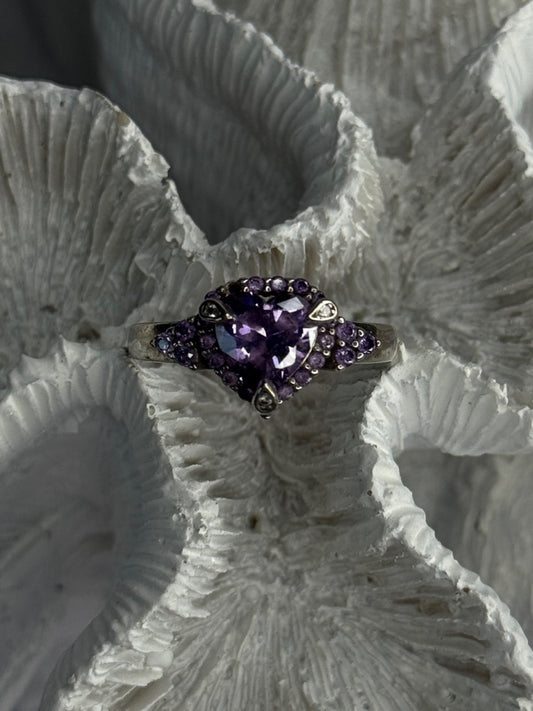 925 Sterling Silver Amethyst & Diamond Heart Ring Size 8.5