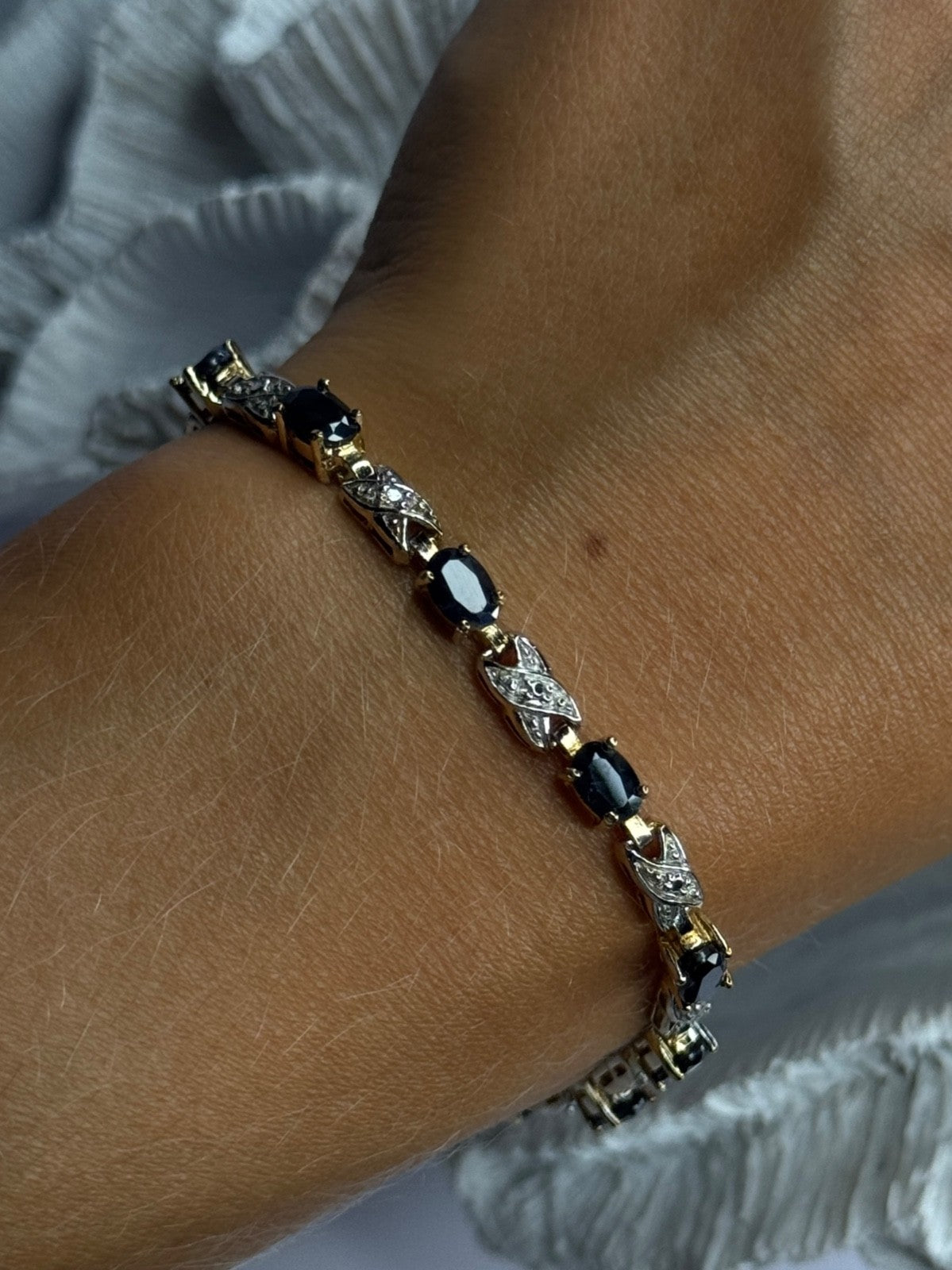 925 Sterling Silver Gold Plated Sapphire & Diamond Bracelet Length 7.5