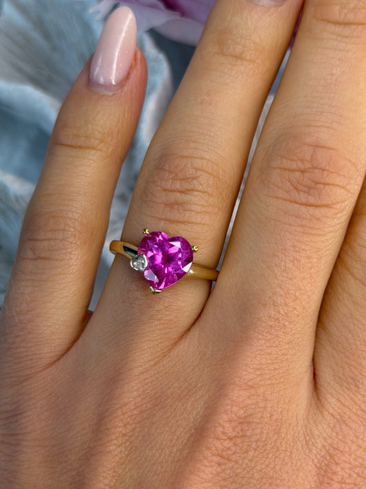 GTR 10K Yellow Gold Pink Sapphire Heart & Diamond Ring Size 7