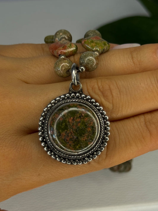Vintage 925 Sterling Silver Unakite Necklace Length 17 Inch