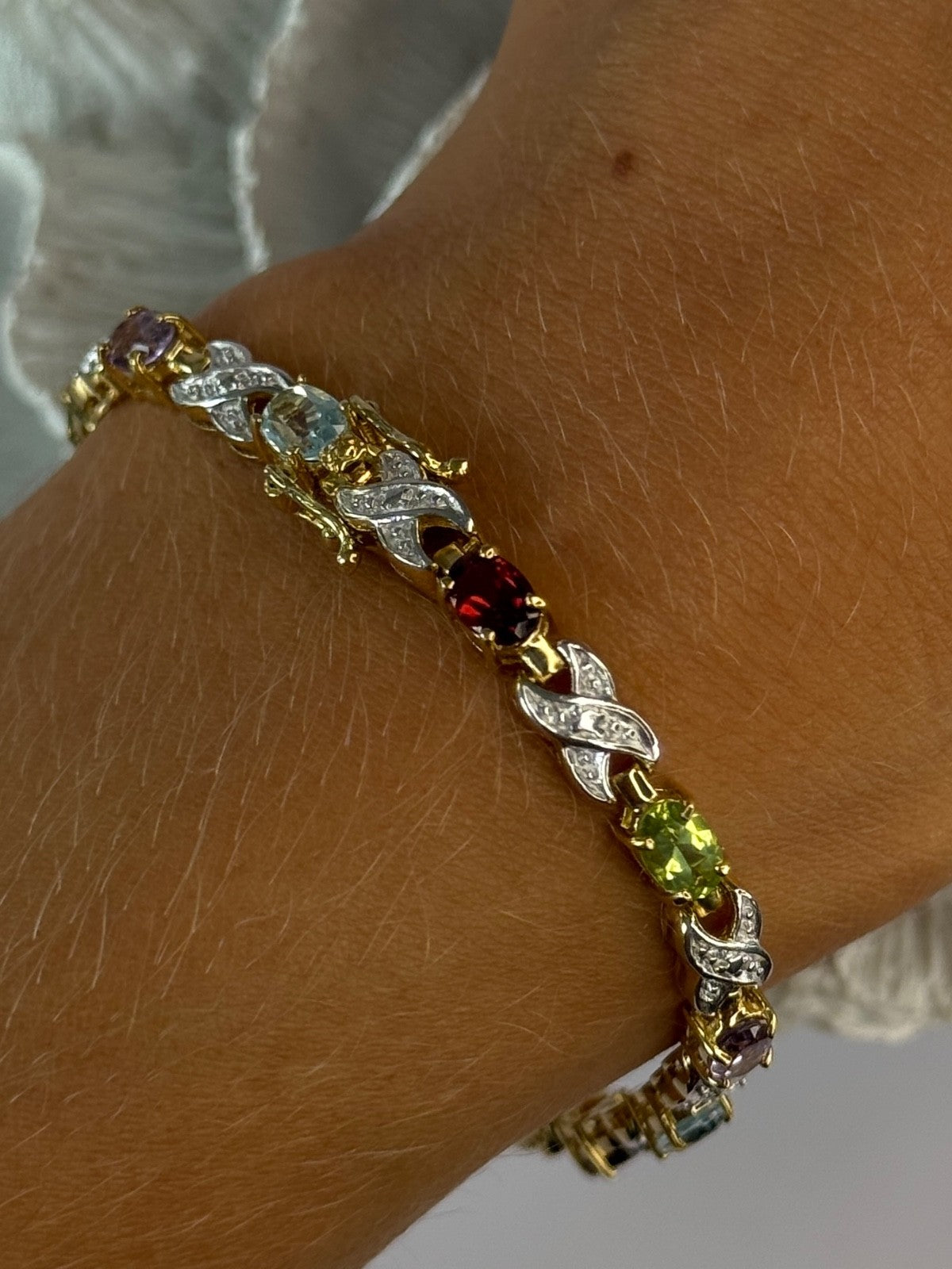 925 Sterling Silver Gold Plated Multi Color Gemstones Bracelet Length 7.5