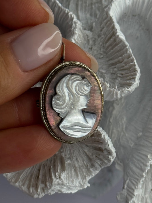 Vintage 925 Sterling Silver Abalone Cameo Brooch Pendant