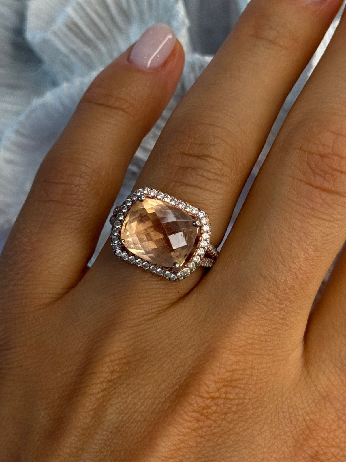 925 Sterling Silver Peach Tourmaline & CZ Ring Size 7