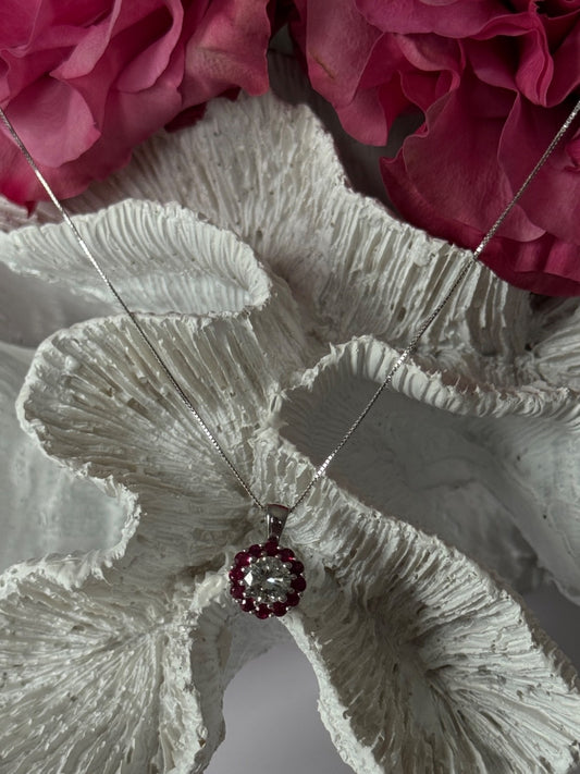 14K White Gold Diamond & Ruby Flower Necklace Length 18 inch