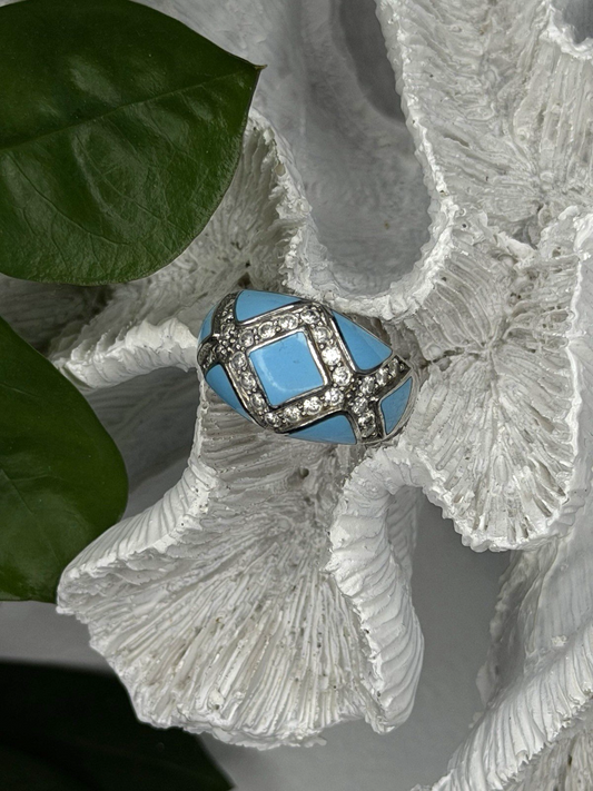 925 Sterling Silver Blue Turquoise & White Colorless Beryl Ring Size 9