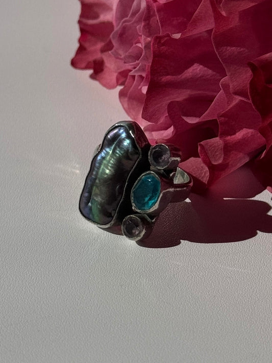 925 Sterling Silver Abalone Amethyst Aquamarine Ring Size 6