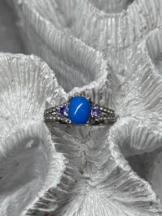 925 Sterling Silver Blue Agate, Tanzanite & Beryl Ring Size 7.5