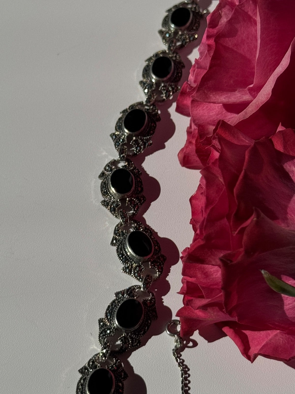 Vintage 925 Sterling Silver Onyx & Marcasite Bracelet 7 Inch