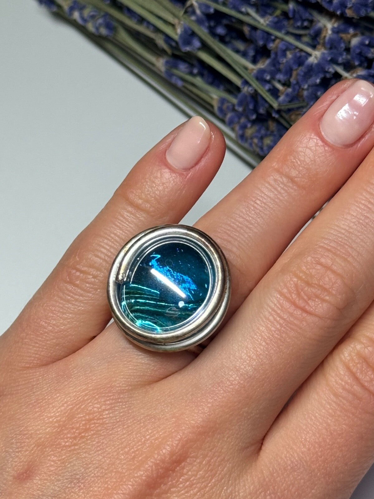 Modern Art Design Blue CZ Ring Size 6