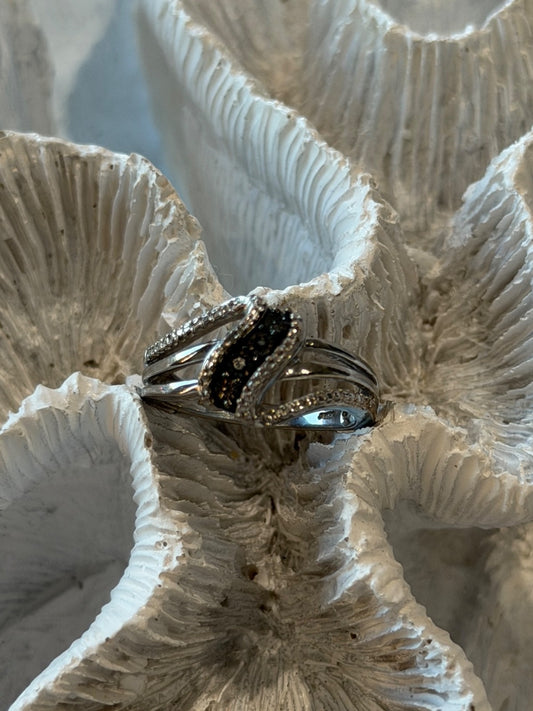 Jwbr 925 Sterling Silver Black & White Diamond Ring Size 7