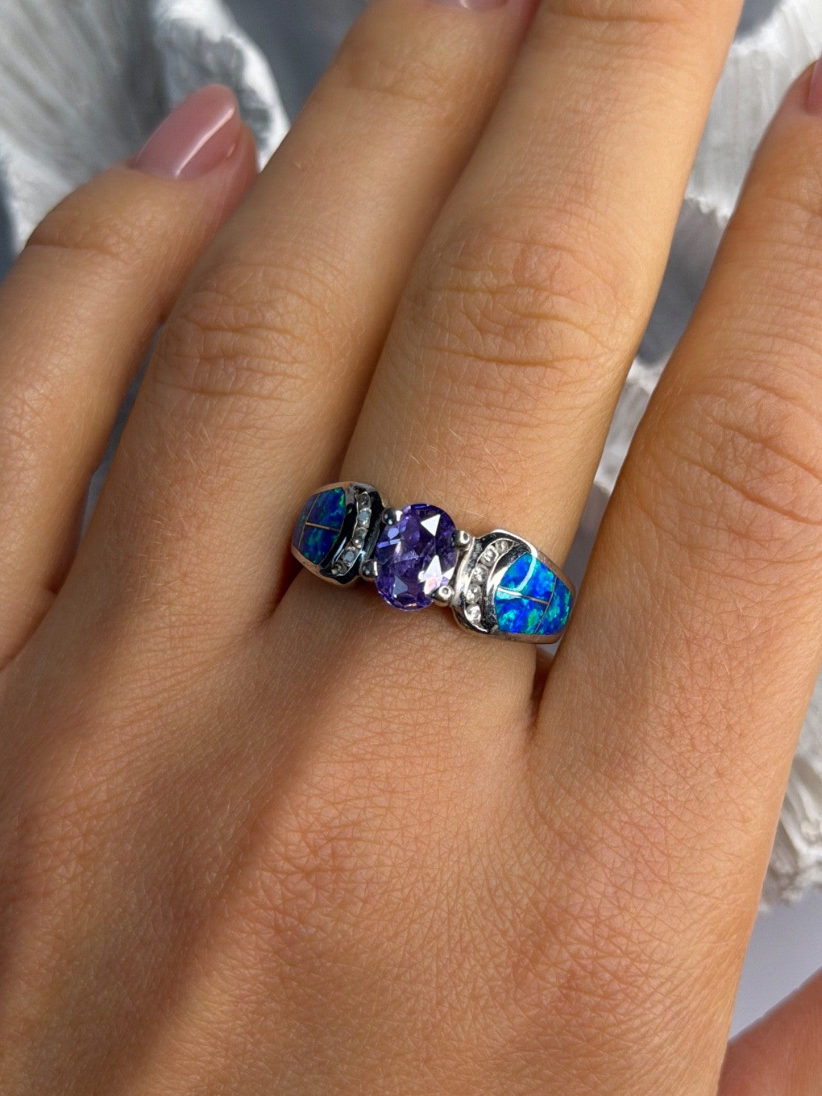 AK 925 Sterling Silver Amethyst & Opal & Beryl Ring Size 8