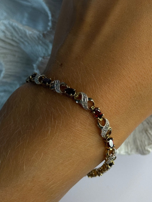 925 Sterling Silver Gold Plated Garnet Bracelet Length 7.5