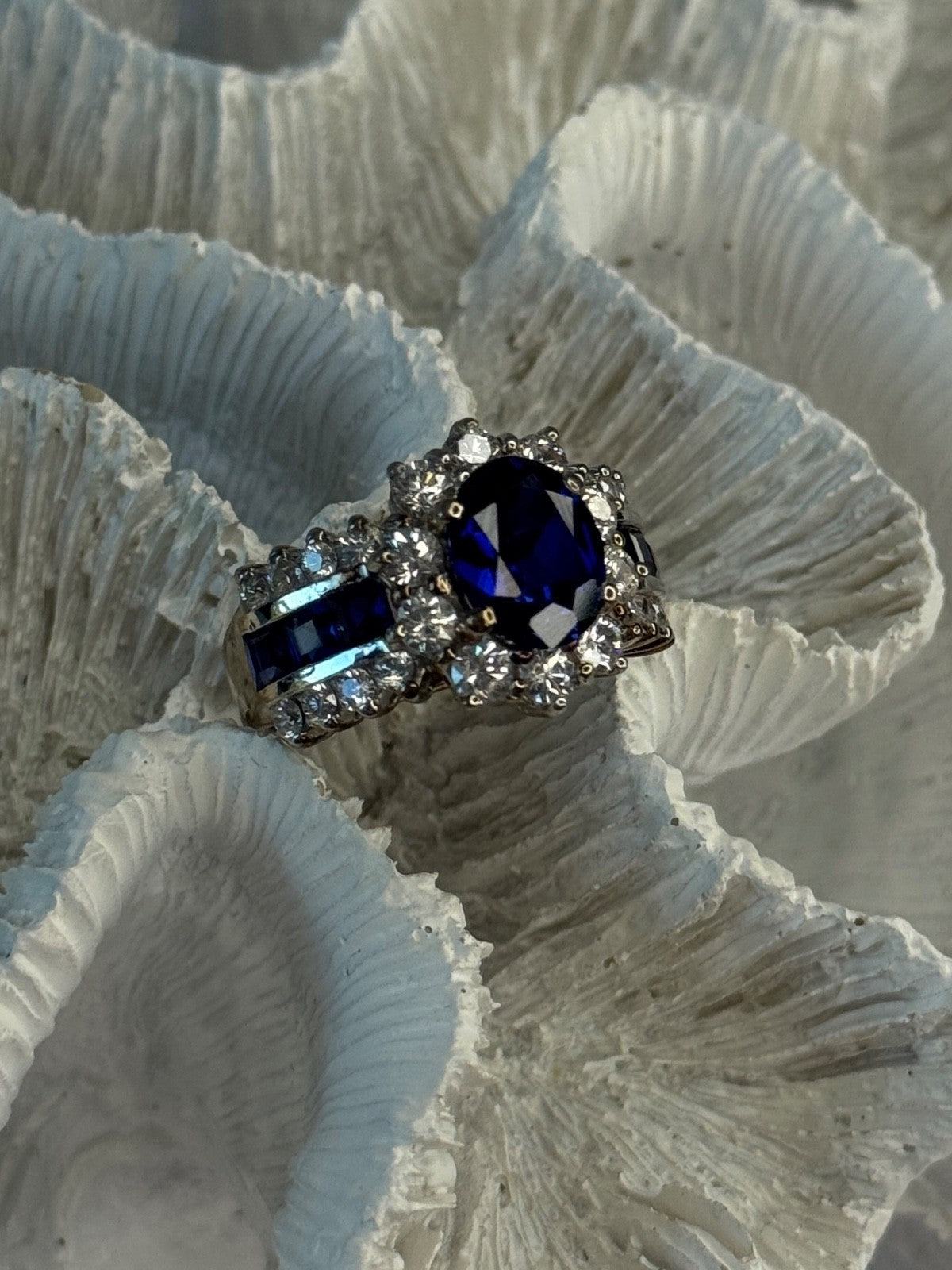 925 Sterling Silver Sapphire & Beryl Flower Ring Size 7.5
