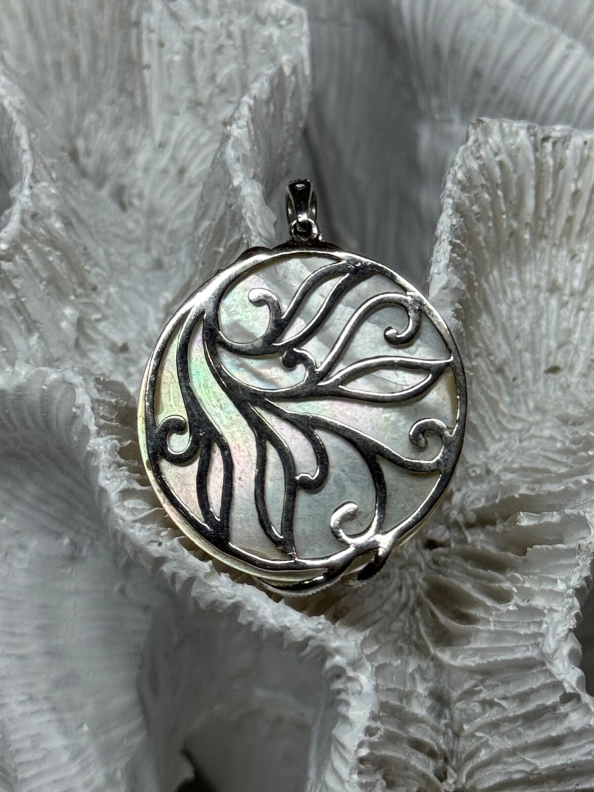 925 Sterling Silver Abalone & Marcasite Pendant Length 1.4 In