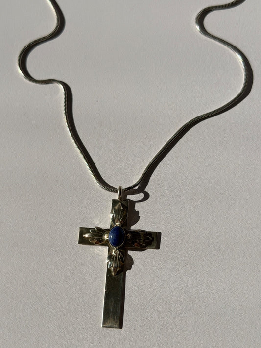 Vintage 925 Sterling Silver Sodalite Cross Necklace Length 18 in