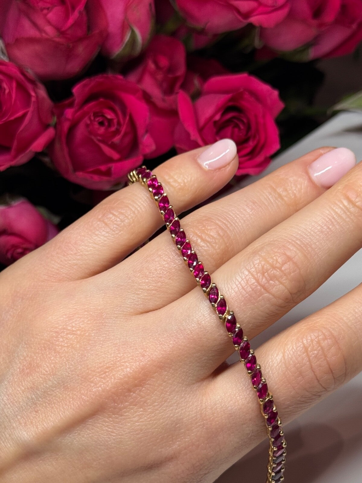 925 Sterling Silver Gold Plated Ruby Bracelet Length 7.5