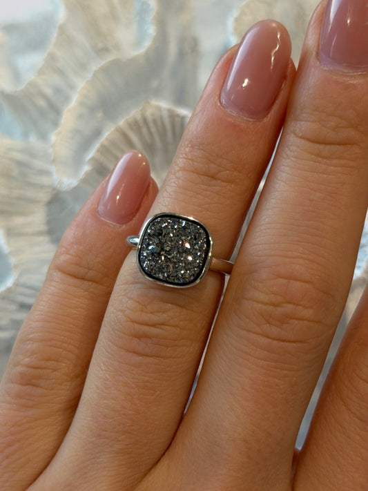 925 Sterling Silver Black Druzy Quartz Ring Size 5