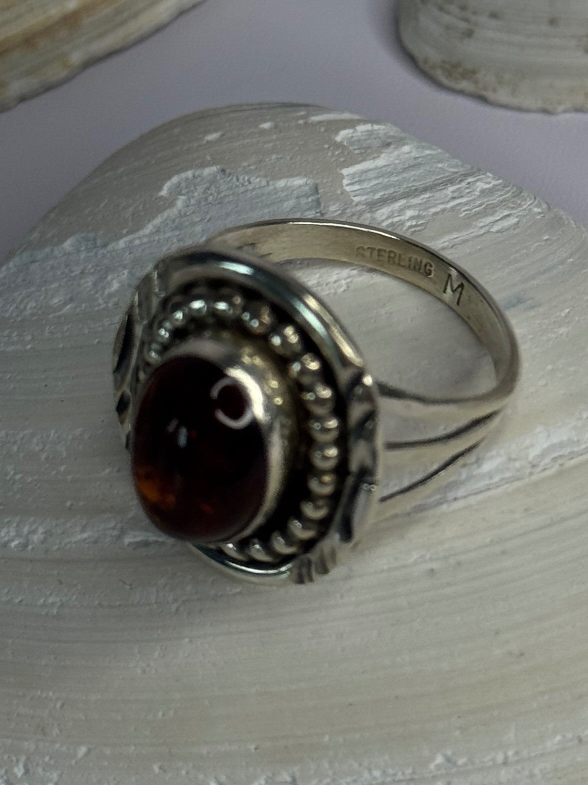 Vintage Design 925 Sterling Silver Amber Ring Size 9