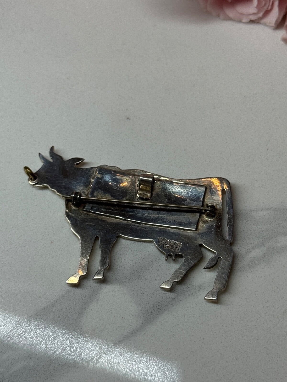 925 Sterling Silver Cow Brooch Length 2.5 In