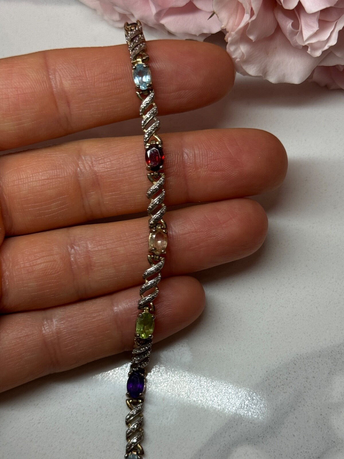 925 Sterling Silver Amethyst Topaz Garnet Citrine Peridot Bracelet Length 7.5