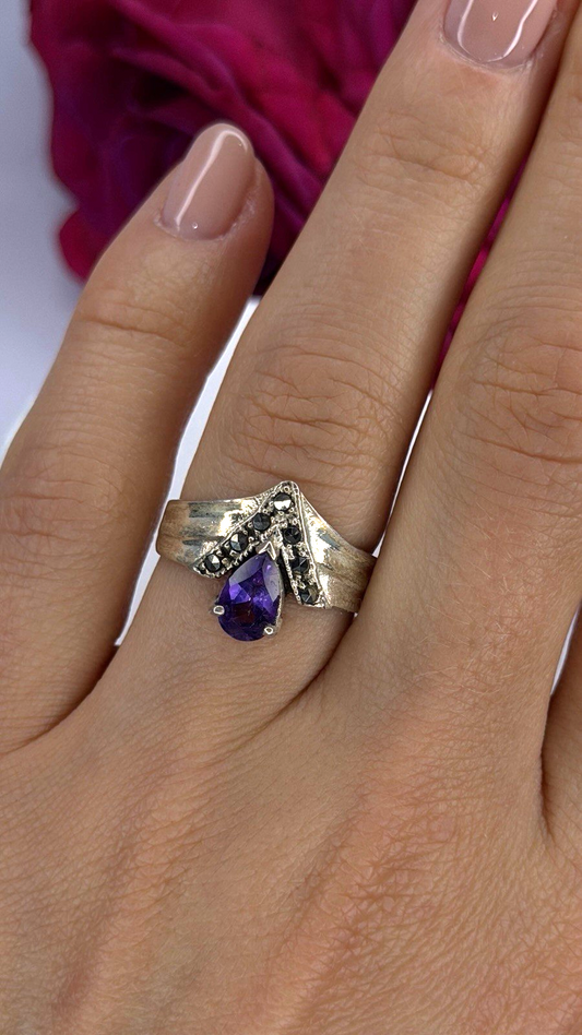 Vintage 925 Sterling Silver Amethyst & Marcasite Ring Size 7.5