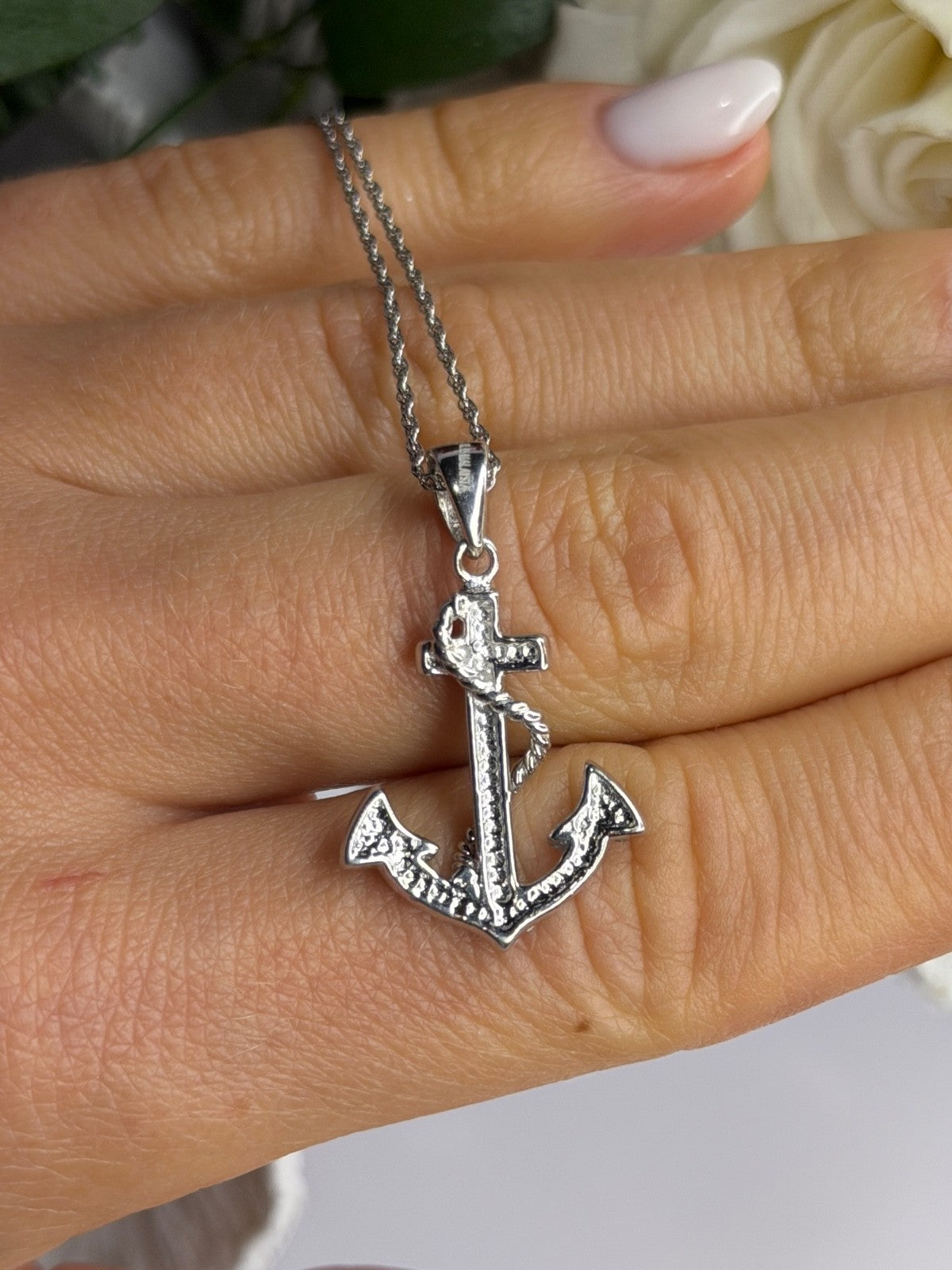 925 Sterling Silver Anchor Cz Necklace Length 19 in