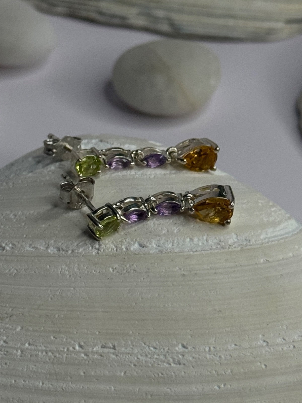 925 Sterling Silver Peridot & Amethyst & Citrine Earrings Length 0.90 Inch