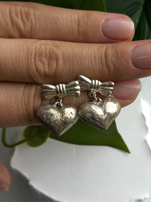 Vintage Heart with Bow Dangle 925 Sterling Silver Earrings