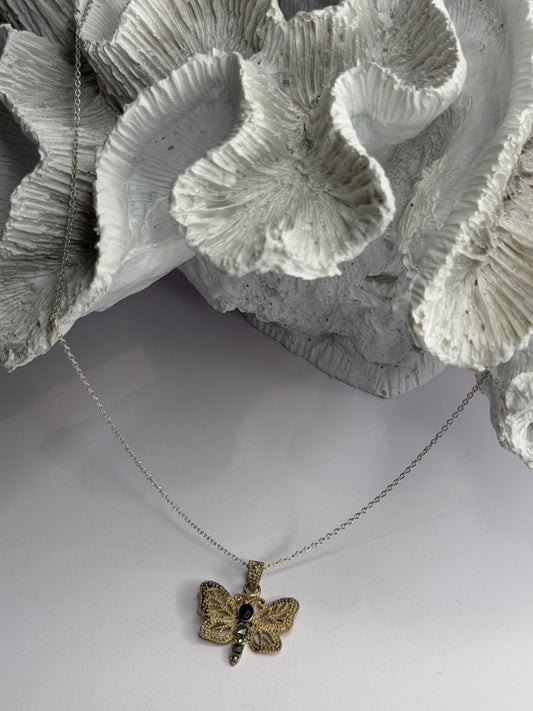 925 Sterling Silver Onyx & Marcasite Butterfly Necklace