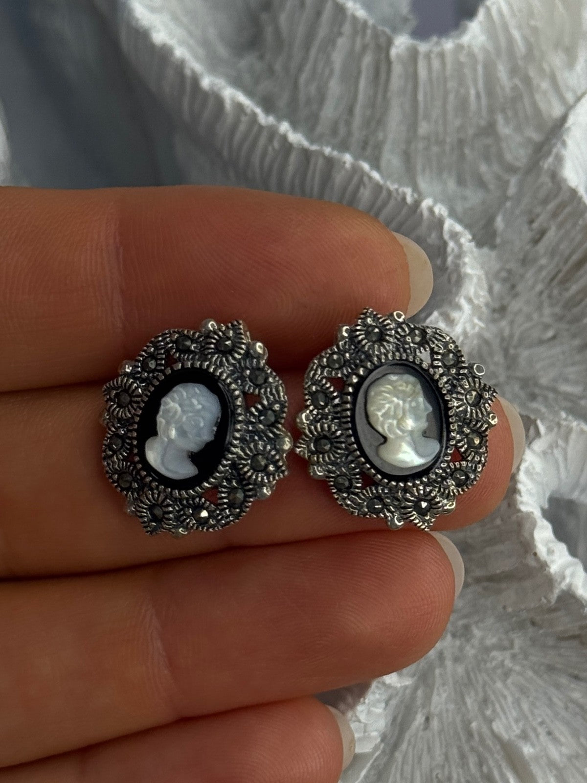 925 Sterling Silver Victorian Cameo Carved Shell Marcasite Earrings