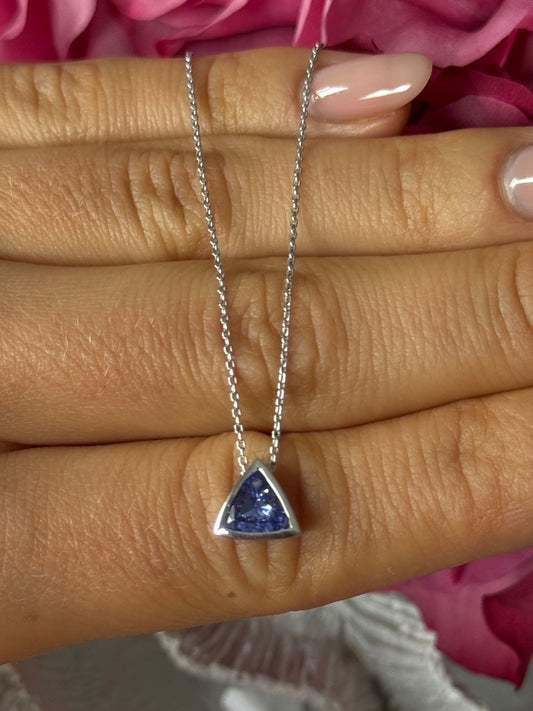 14K White Gold Tanzanite Trillion Necklace Length 18 inch