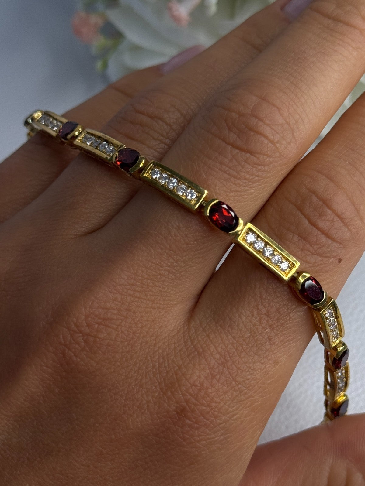 925 Sterling Silver Gold Plated Jjt Garnet & CZ Bracelet Length 7.5