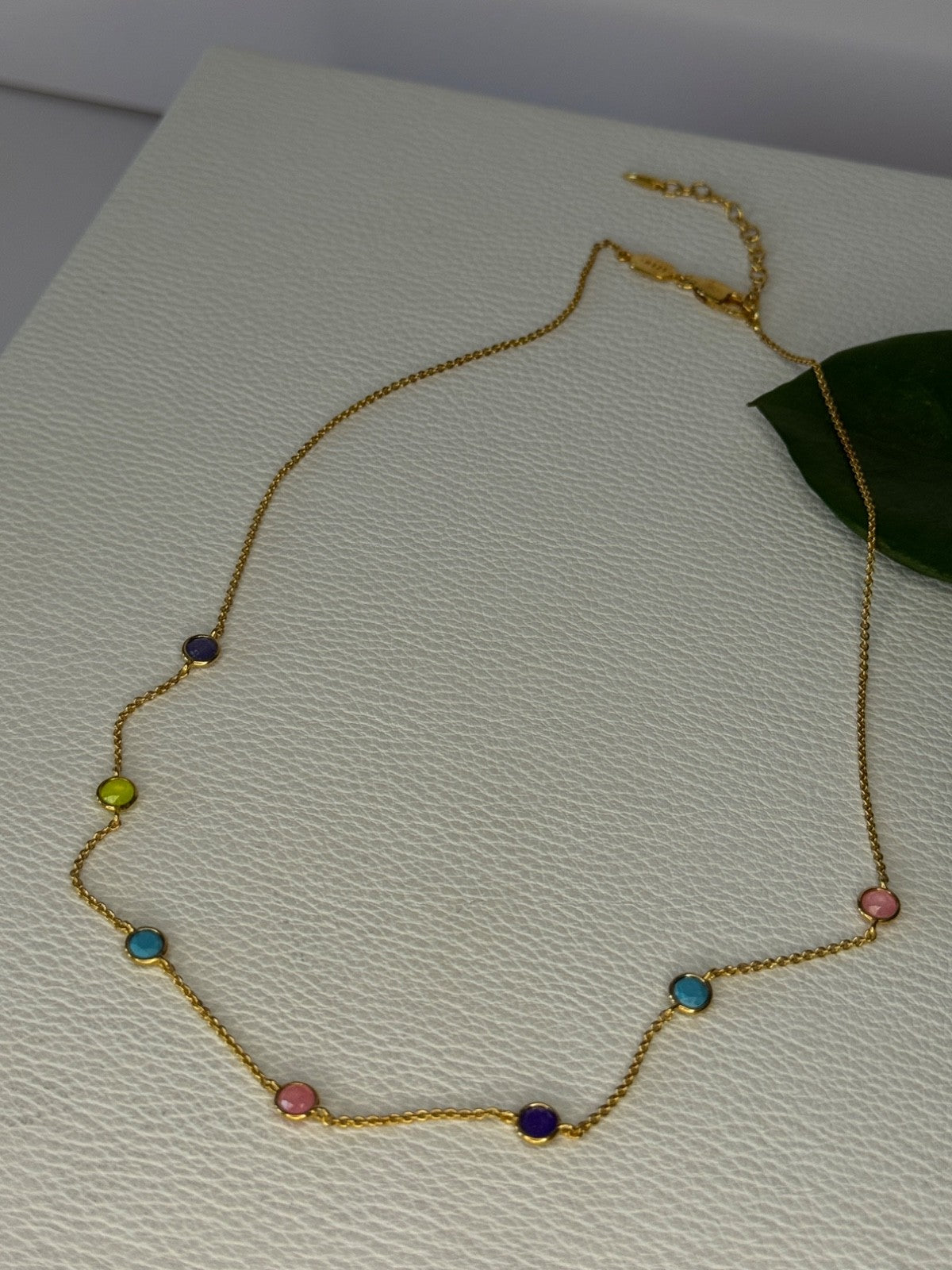 925 Sterling Silver Gold Plated Gemstones Necklace Length 15/16.5 Inch