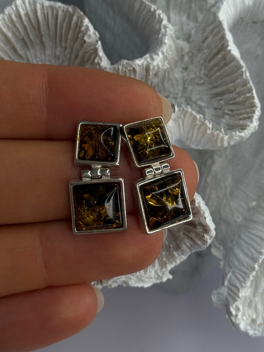 925 Sterling Silver Amber Earrings Length 0.90 Inch
