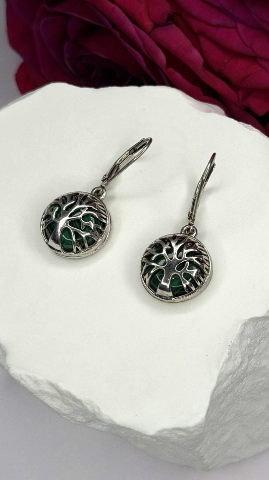 Tree of Life 925 Sterling Silver Malachite Earrings