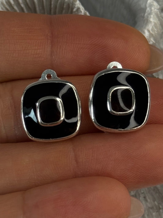 925 Sterling Silver Black & Brown Onyx Clip Earrings Length 0.60 Inch