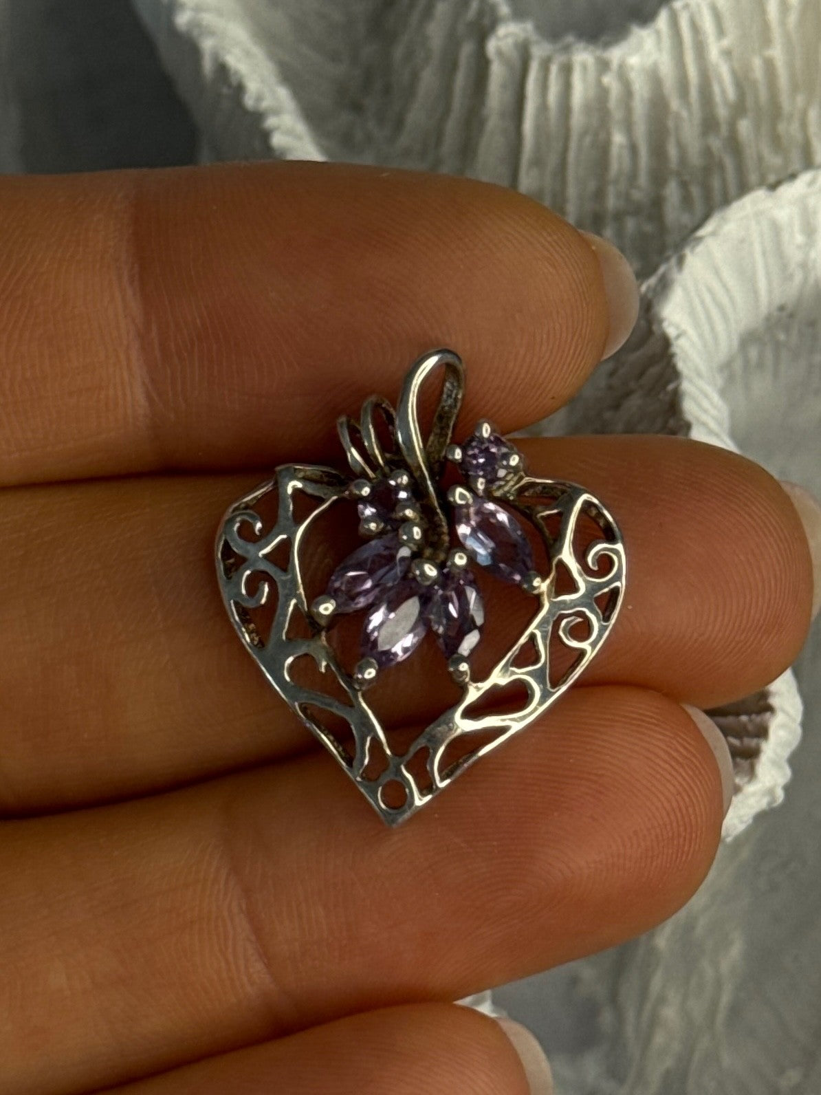 925 Sterling Silver Amethyst Heart Pendant Length 1 Inch